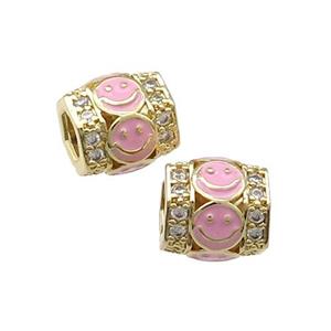 Copper Tube Beads Pave Zircon Pink Enamel Emoji Gold Plated, approx 9-10mm, 4mm hole [FN31225]
