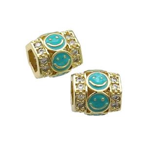 Copper Tube Beads Pave Zircon Teal Enamel Emoji Gold Plated, approx 9-10mm, 4mm hole [FN31226]