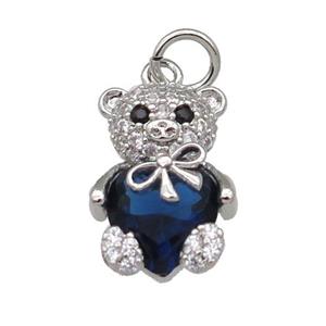Copper Bear Charm Pendant Pave Zircon Blue Platinum Plated, approx 10-15mm [FN31297]