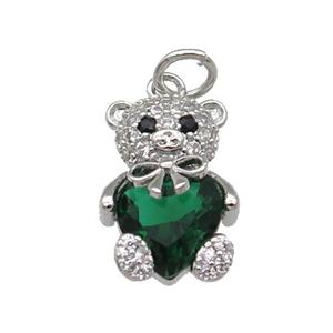 Copper Bear Charm Pendant Pave Zircon Green Platinum Plated, approx 10-15mm [FN31298]