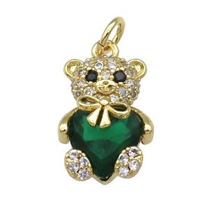 Copper Bear Charm Pendant Pave Zircon Green Gold Plated, approx 10-15mm [FN31302]