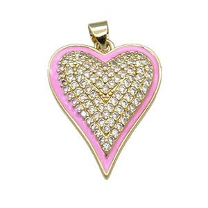 Copper Heart Pendant Pave Zircon Pink Enamel Gold Plated, approx 20-25mm [FN31419]