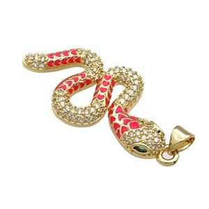 Copper Snake Charm Pendant Pave Zircon Red Enamel Gold Plated, approx 18-35mm [FN31442]