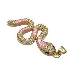 Copper Snake Charm Pendant Pave Zircon Pink Enamel Gold Plated, approx 18-35mm [FN31444]