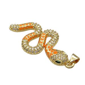 Copper Snake Charm Pendant Pave Zircon Orange Enamel Gold Plated, approx 18-35mm [FN31445]