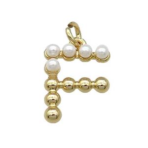 Copper Letter-F Pendant Pave Pearlized Glass Gold Plated, approx 15mm [FN31465]