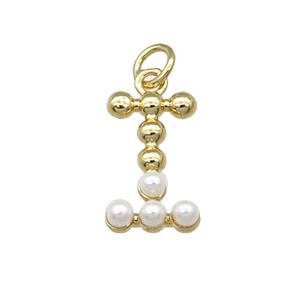 Copper Letter-I Pendant Pave Pearlized Glass Gold Plated, approx 15mm [FN31468]
