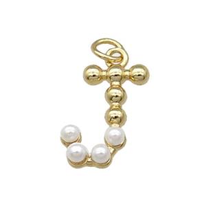 Copper Letter-J Pendant Pave Pearlized Glass Gold Plated, approx 15mm [FN31469]