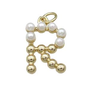 Copper Letter-R Pendant Pave Pearlized Glass Gold Plated, approx 15mm [FN31477]