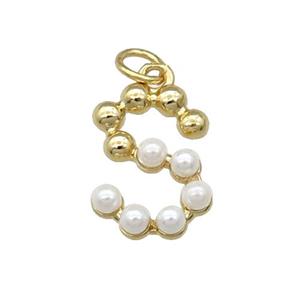 Copper Letter-S Pendant Pave Pearlized Glass Gold Plated, approx 15mm [FN31478]