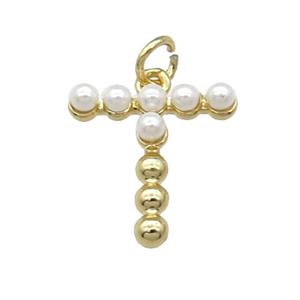 Copper Letter-T Pendant Pave Pearlized Glass Gold Plated, approx 15mm [FN31479]