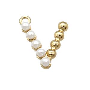 Copper Letter-V Pendant Pave Pearlized Glass Gold Plated, approx 15mm [FN31481]