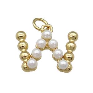 Copper Letter-W Pendant Pave Pearlized Glass Gold Plated, approx 15mm [FN31482]