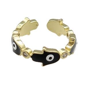 Copper Hamsahand Ring Black Enamel Evil Eye Gold Plated, approx 6.5mm, 18mm dia [FN31488]
