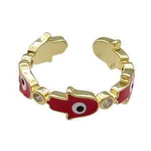 Copper Hamsahand Ring Red Enamel Evil Eye Gold Plated, approx 6.5mm, 18mm dia [FN31489]