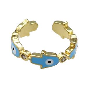 Copper Hamsahand Ring Blue Enamel Evil Eye Gold Plated, approx 6.5mm, 18mm dia [FN31490]