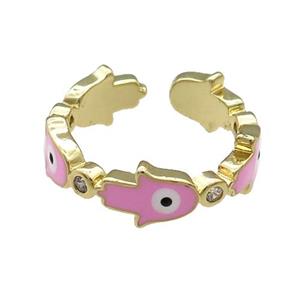 Copper Hamsahand Ring Pink Enamel Evil Eye Gold Plated, approx 6.5mm, 18mm dia [FN31491]