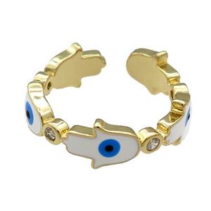 Copper Hamsahand Ring White Enamel Evil Eye Gold Plated, approx 6.5mm, 18mm dia [FN31493]