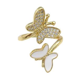 Copper Butterfly Ring Pave Zircon White Enamel Gold Plated, approx 9-12.5mm, 12-16mm, 18mm dia [FN31495]