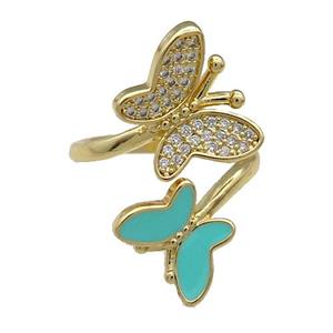 Copper Butterfly Ring Pave Zircon Green Enamel Gold Plated, approx 9-12.5mm, 12-16mm, 18mm dia [FN31496]