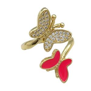 Copper Butterfly Ring Pave Zircon Red Enamel Gold Plated, approx 9-12.5mm, 12-16mm, 18mm dia [FN31497]