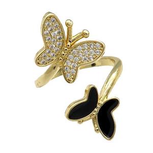 Copper Butterfly Ring Pave Zircon Black Enamel Gold Plated, approx 9-12.5mm, 12-16mm, 18mm dia [FN31498]