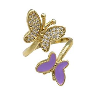 Copper Butterfly Ring Pave Zircon Lavender Enamel Gold Plated, approx 9-12.5mm, 12-16mm, 18mm dia [FN31499]