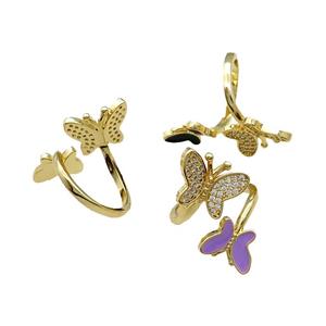 Copper Butterfly Ring Pave Zircon Enamel Gold Plated Mixed, approx 9-12.5mm, 12-16mm, 18mm dia [FN31500]