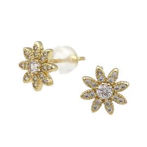 Copper Daisy Stud Earring Flower Pave Zircon Gold Plated, approx 9mm [FN31508]