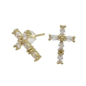 Copper Cross Stud Earring Pave Zircon Gold Plated, approx 9-14mm [FN31509]