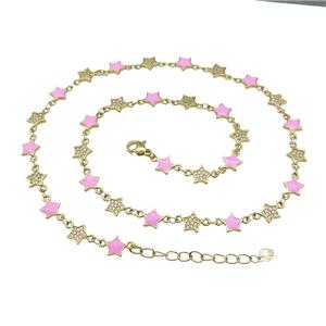 Copper Star Necklace Pave Zircon Pink Enamel Gold Plated, approx 7.5mm, 45-50cm length [FN31534]