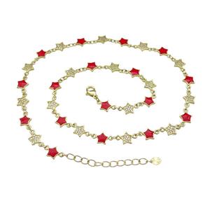 Copper Star Necklace Pave Zircon Red Enamel Gold Plated, approx 7.5mm, 45-50cm length [FN31535]