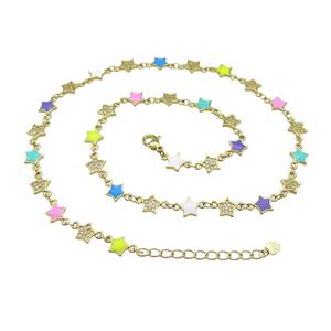Copper Star Necklace Pave Zircon Multicolor Enamel Gold Plated, approx 7.5mm, 45-50cm length [FN31536]
