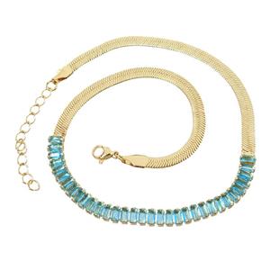 Copper FlatSnake Necklace Pave Aqua Zircon Gold Plated, approx 6mm, 33-38cm length [FN31540]
