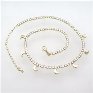 Copper Necklace Pave Zircon Moon Gold Plated, approx 3mm, 8mm, 38-46cm length [FN31542]