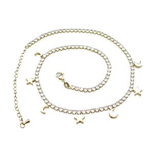 Copper Necklace Pave Zircon StarMoon Gold Plated, approx 3mm, 8mm, 38-46cm length [FN31545]