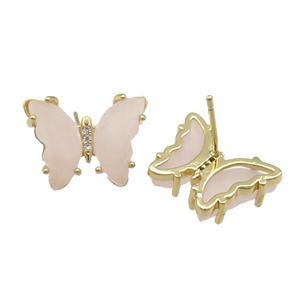 Pink Rose Quartz Butterfly Stud Earring Gold Plated, approx 15-19mm [FN31648]