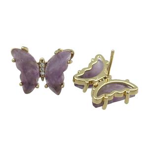 Purple Amethyst Butterfly Stud Earring Gold Plated, approx 15-19mm [FN31654]
