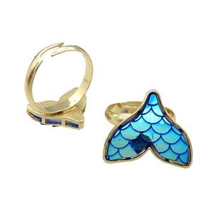 Copper Mermaid Tail Ring Blue Resin Adjustable Gold Plated, approx 10-13.5mm, 18mm dia [FN31675-S]