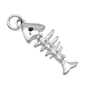 Copper Fishbone Pendant Pave Zircon Platinum Plated, approx 8-19mm [FN31684]