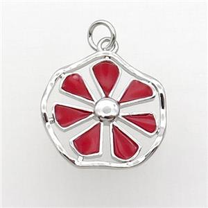 Copper Flower Pendant Red Enamel Platinum Plated, approx 19mm [FN31734]