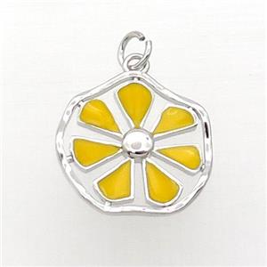 Copper Flower Pendant Yellow Enamel Platinum Plated, approx 19mm [FN31735]