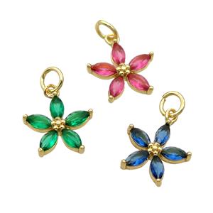 Copper Flower Pendant Pave Crystal Gold Plated Mixed Color, approx 12.5mm [FN31766]