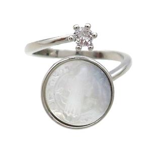 Copper Ring Pave Zircon Jesus MOP Shell Platinum Plated, approx 5mm, 13.5mm, 18mm dia [FN31808]