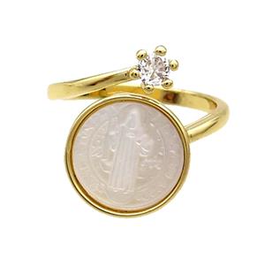 Copper Ring Pave Zircon Jesus MOP Shell Gold Plated, approx 5mm, 13.5mm, 18mm dia [FN31809]