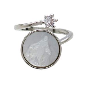 Copper Ring Pave Zircon Jesus MOP Shell Platinum Plated, approx 5mm, 13.5mm, 18mm dia [FN31810]