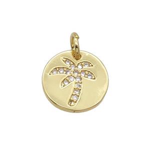 Copper Circle Pendant Pave Zircon Coconut Tree Unfade 18K Gold Plated, approx 12mm [FN31958]
