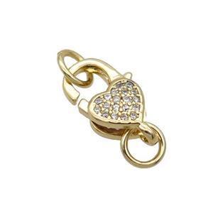 Copper Lobster Clasp Pave Zircon Heart Unfade 18K Gold Plated, approx 9-13mm [FN31985]