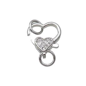 Copper Lobster Clasp Pave Zircon Heart Unfade Platinum Plated, approx 10-13mm [FN31990]