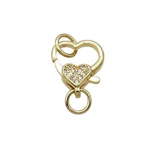 Copper Lobster Clasp Pave Zircon Heart Unfade 18K Gold Plated, approx 10-13mm [FN31991]